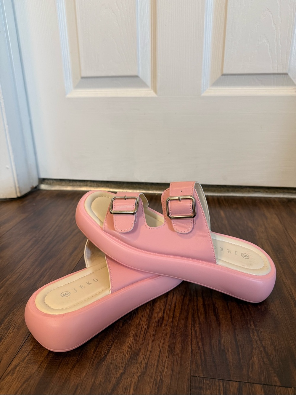 JEKO Pink Platform Slide Sandals with Buckle Straps